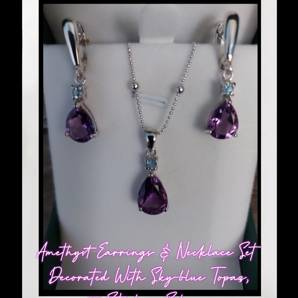 AMETHYST EARRINGS & NECKLACE SET W/ SKY-BLUE TOPAZ - Picture 1 of 9